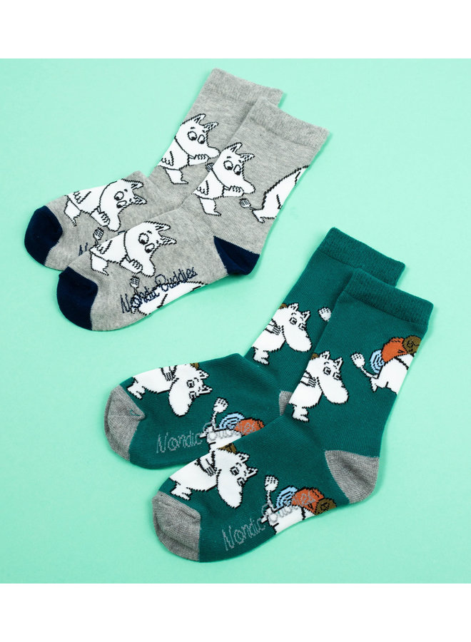 Nordicbuddies - 2er Set Socken Kinder Moomin Mumintroll Socken  - Grün/Grau