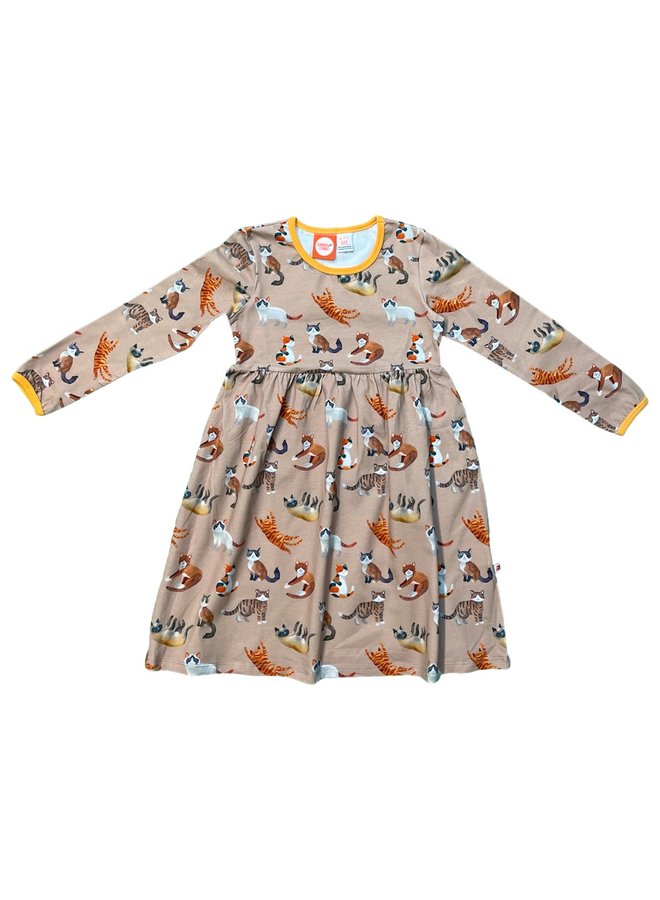 CURIOUS STORIES Kleid braun mit Katzen allover Print aus Biobaumwolle