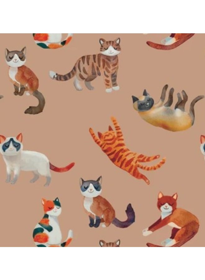 CURIOUS STORIES Kleid braun mit Katzen allover Print aus Biobaumwolle