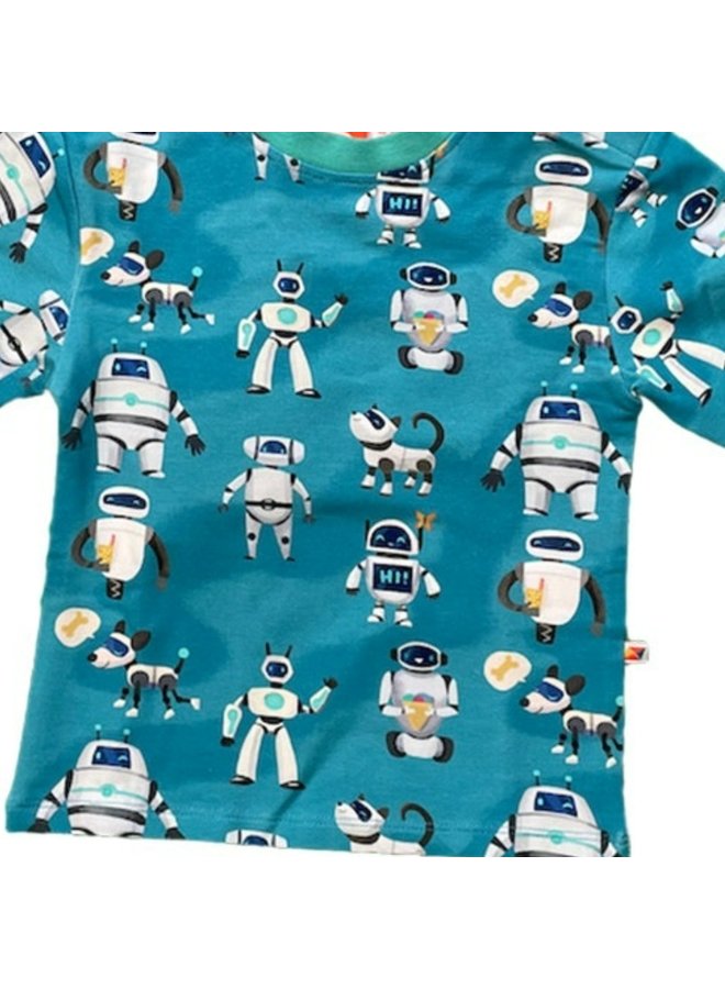 CURIOUS STORIES  Langarmshirt blau mit Roboter allover Print aus Biobaumwolle