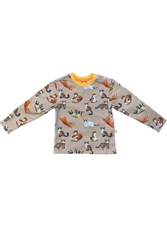 CURIOUS STORIES  Langarmshirt braun mit Katzen allover Print aus Biobaumwolle