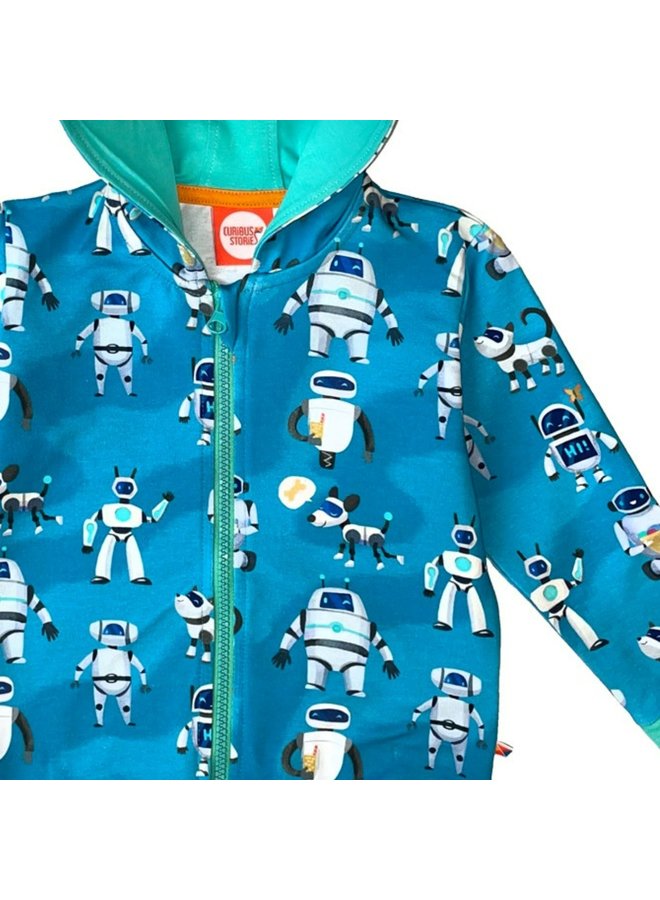 CURIOUS STORIES  Hoodie Sweatjacke blau mit Roboter allover Print aus Biobaumwolle