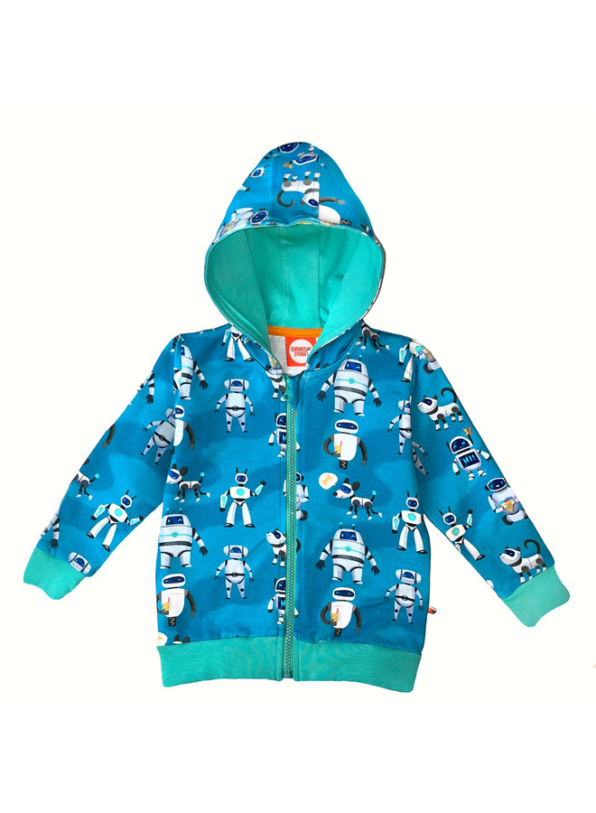 CURIOUS STORIES  Hoodie Sweatjacke blau mit Roboter allover Print aus Biobaumwolle