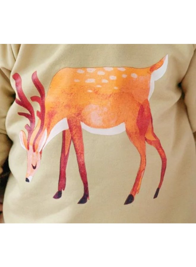 CURIOUS STORIES  Hoodie Sweatshirt khaki mit großem Hirsch Print aus Biobaumwolle