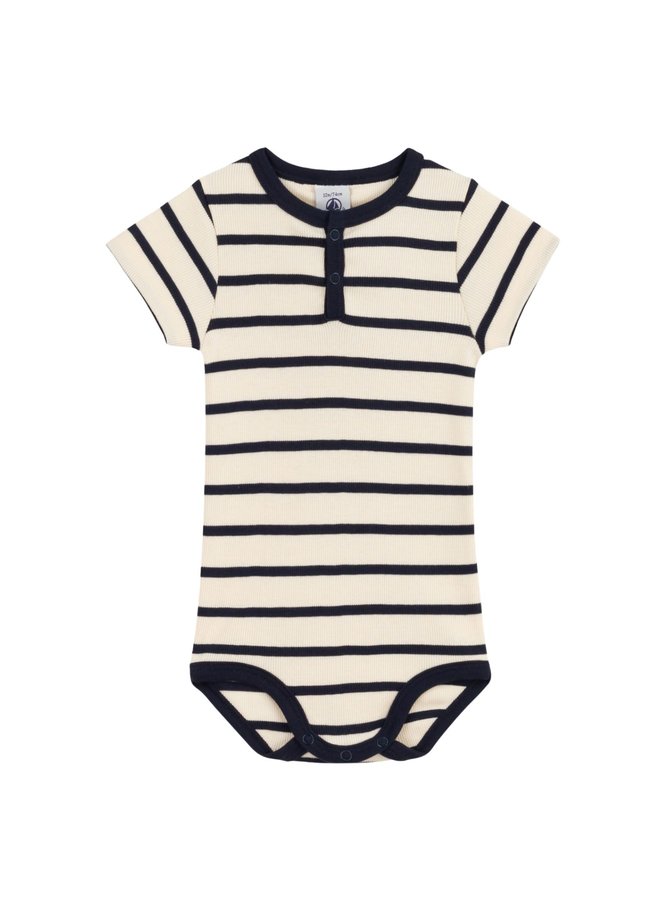 Petit Bateau Kurzärmeliger Baby-Body aus gestreiftem Rippstrick