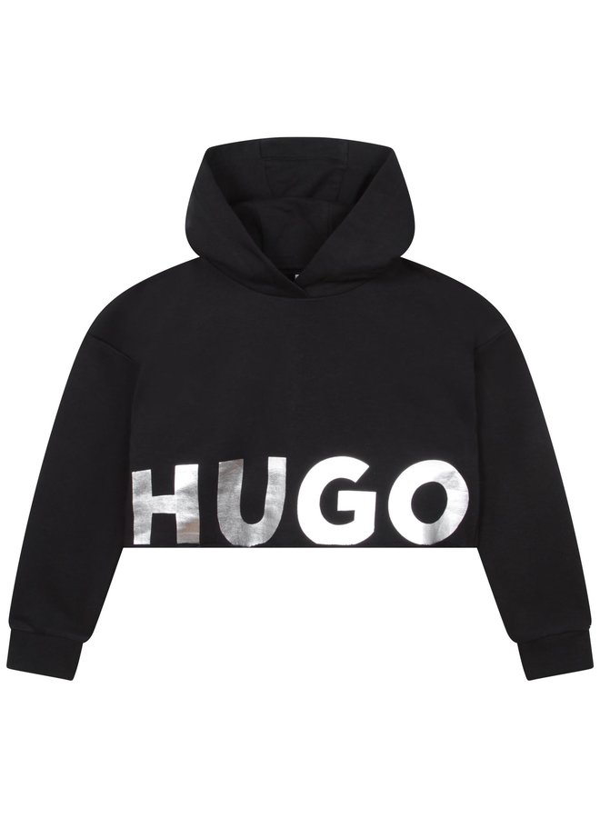 HUGO Kids Kapuzenpullover schwarz  mit silber Schriftzug gecropt