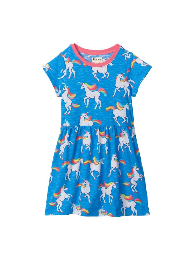 Hatley kurzärmliges Skater-Kleid mit Einhörnern in Blau