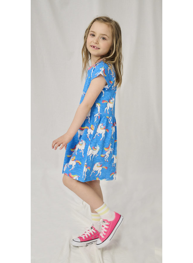 Hatley kurzärmliges Skater-Kleid mit Einhörnern in Blau