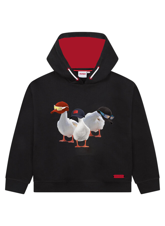 HUGO Kids Kapuzenpullover schwarz mit Enten mit Mützen und Brillen