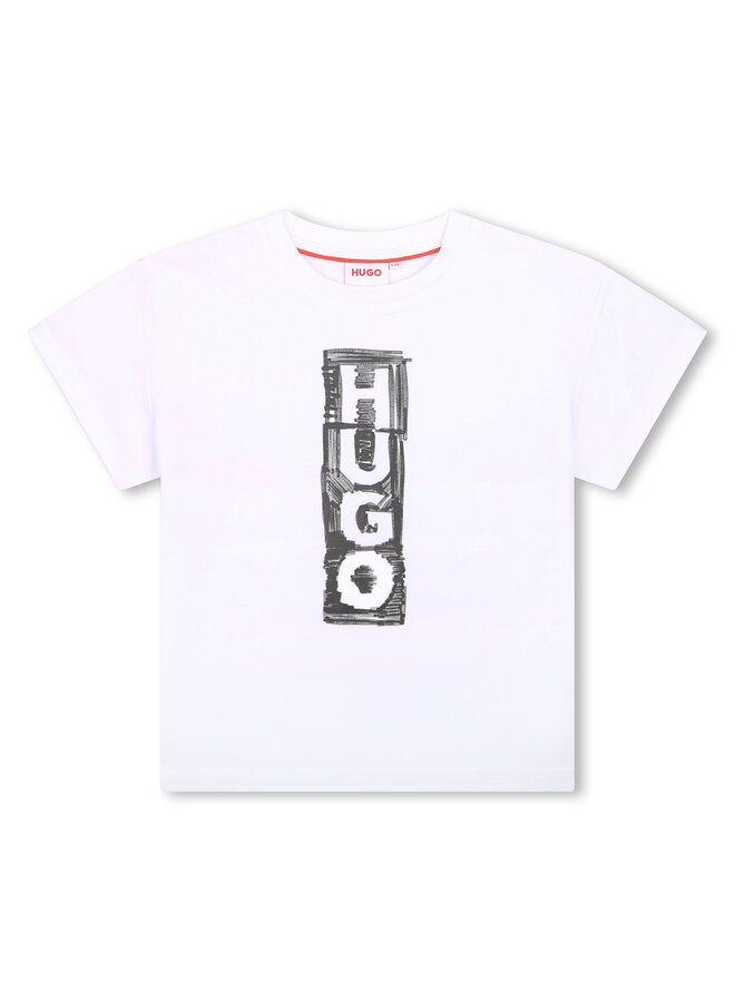 HUGO Kinder kurzarm T-Shirt in weiß mit Logo Druck aus Biobaumwolle