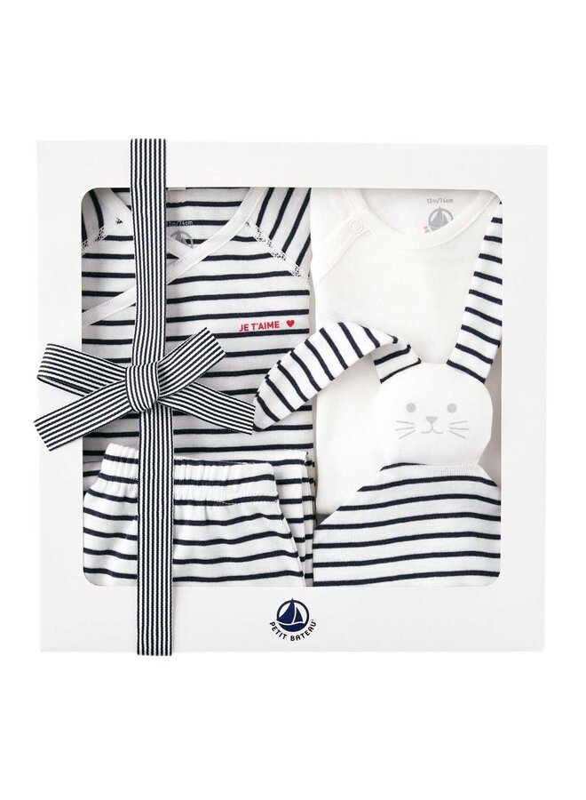 Petit Bateau Kombination 4 Teile Hose , Wickeljacke, Body und Hasen-Schmusetuch