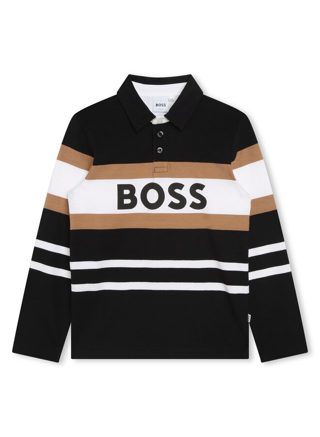 BOSS Poloshirt langärmelig schwarz mit weiß-braunem Logo