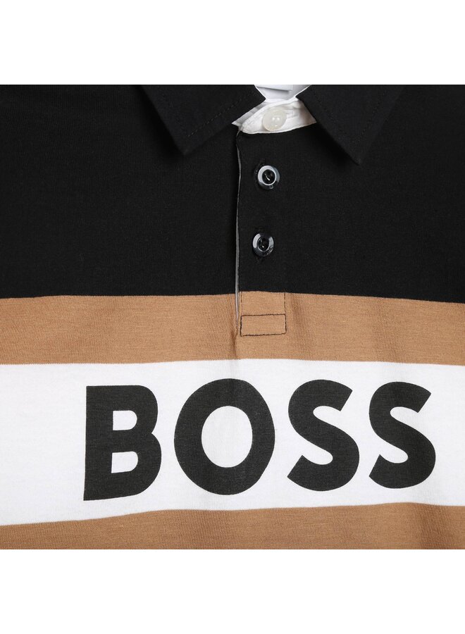 BOSS Poloshirt langärmelig schwarz mit weiß-braunem Logo
