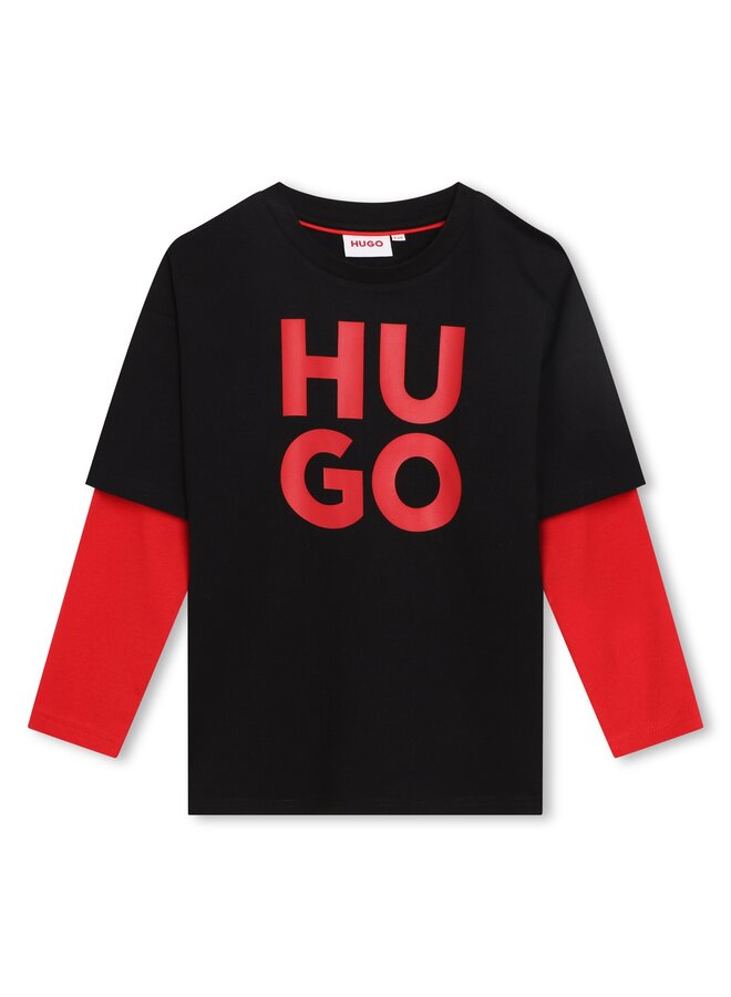 HUGO Kinder 2-in-1-Shirt schwarz mit rotem Logo und langen roten Ärmeln