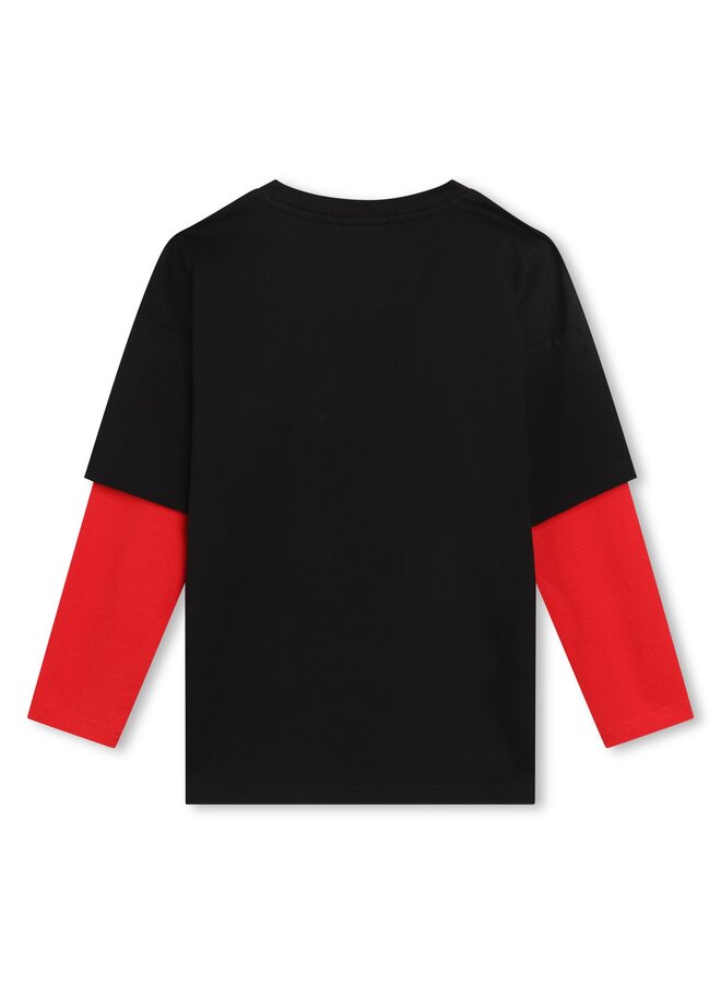 HUGO Kinder 2-in-1-Shirt schwarz mit rotem Logo und langen roten Ärmeln