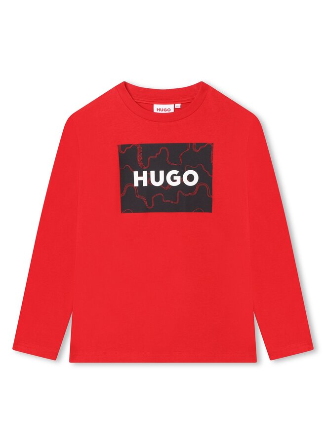 HUGO Kinder Langarmshirt rot mit schwarzem strukturiertem Logo