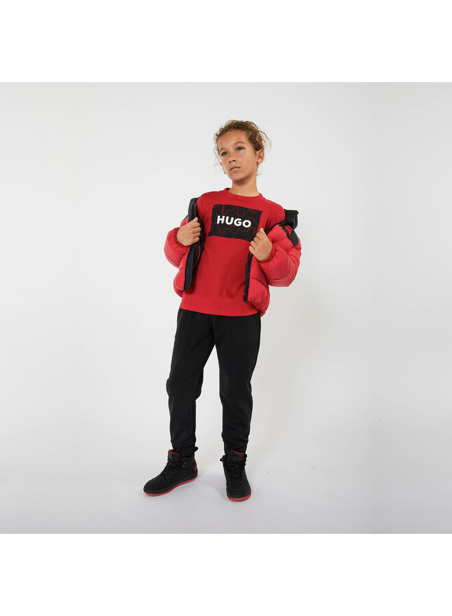 HUGO Kinder Langarmshirt rot mit schwarzem strukturiertem Logo