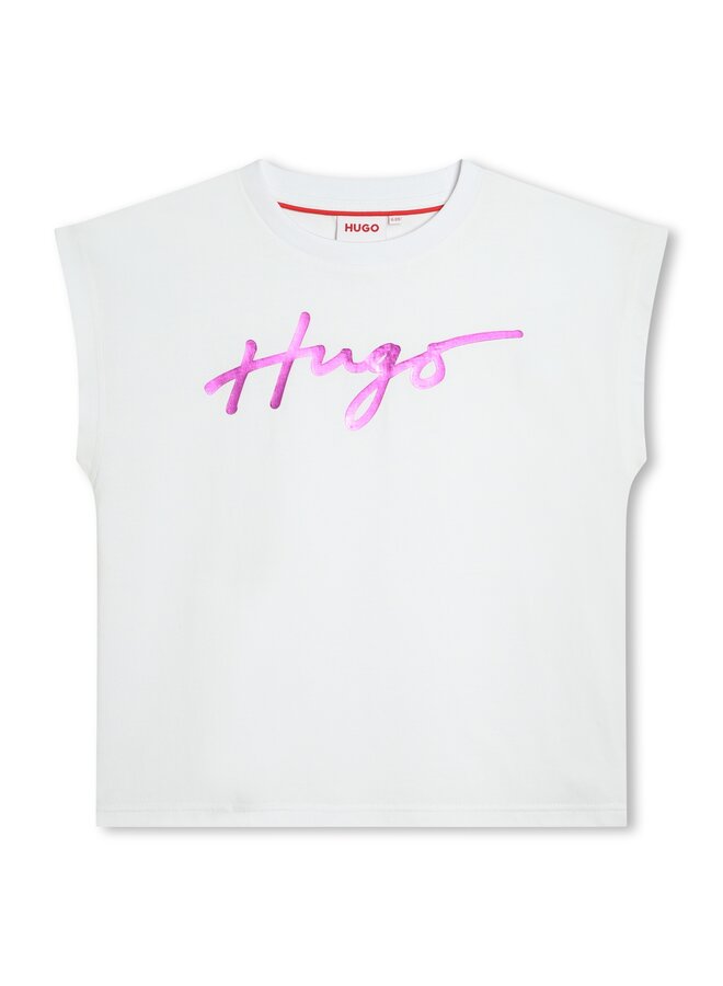 HUGO Girls ärmelloses T-Shirt in weiß mit Logo Schriftzug in rosa