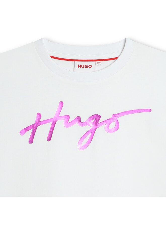 HUGO Girls ärmelloses T-Shirt in weiß mit Logo Schriftzug in rosa