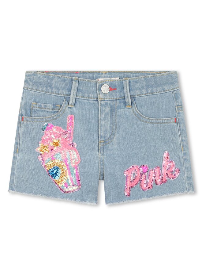 Billieblush stylische Jeans Shorts blau mit Pailletten "pink" und Eisbecher in rosa