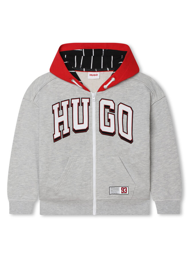 HUGO Kids Kapuzen-Sweatjacke in grau mit weißem Logo und Reißverschluss