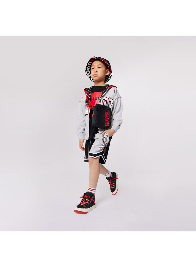 HUGO Kids Kapuzen-Sweatjacke in grau mit weißem Logo und Reißverschluss