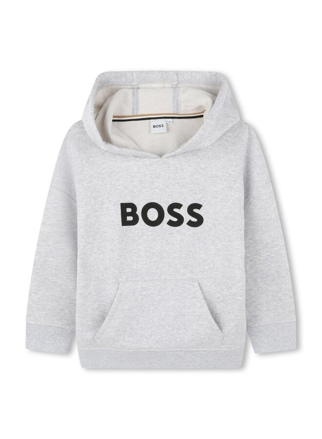 BOSS Kids Kapuzenpullover grau mit schwarzem Logo und Kängurutasche