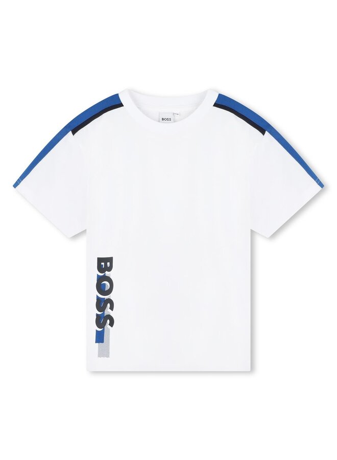 BOSS Kids Kurzarm T-Shirt weiß mit Logo und Streifen auf den Schultern