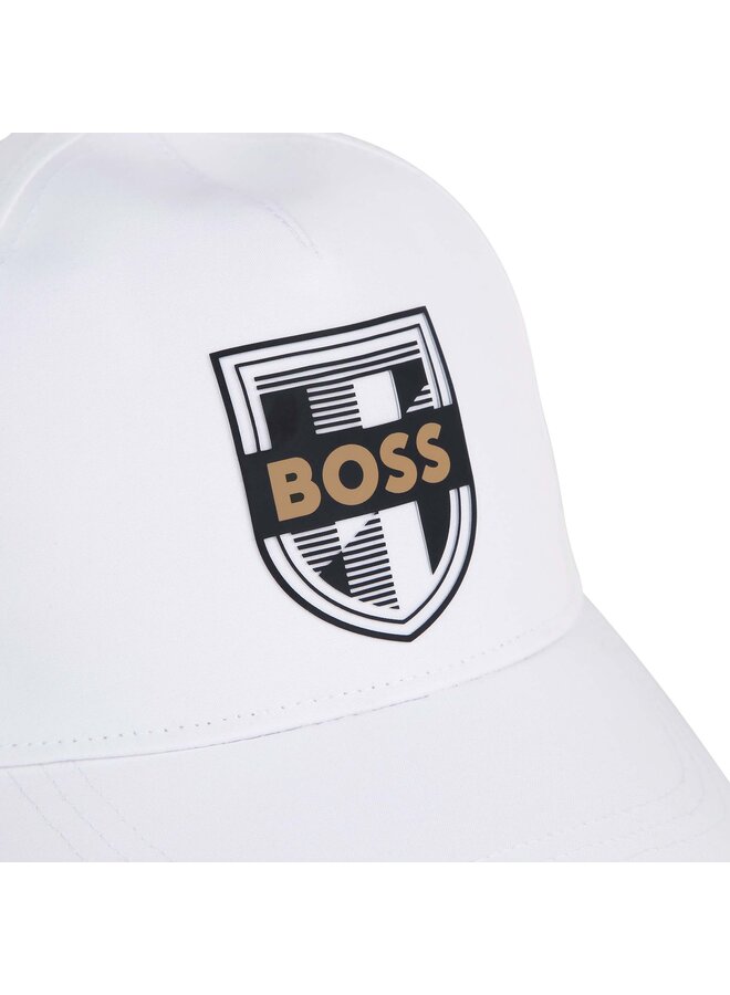 BOSS Kids Kappe weiß mit schwarzem Logoaufnäher vorne