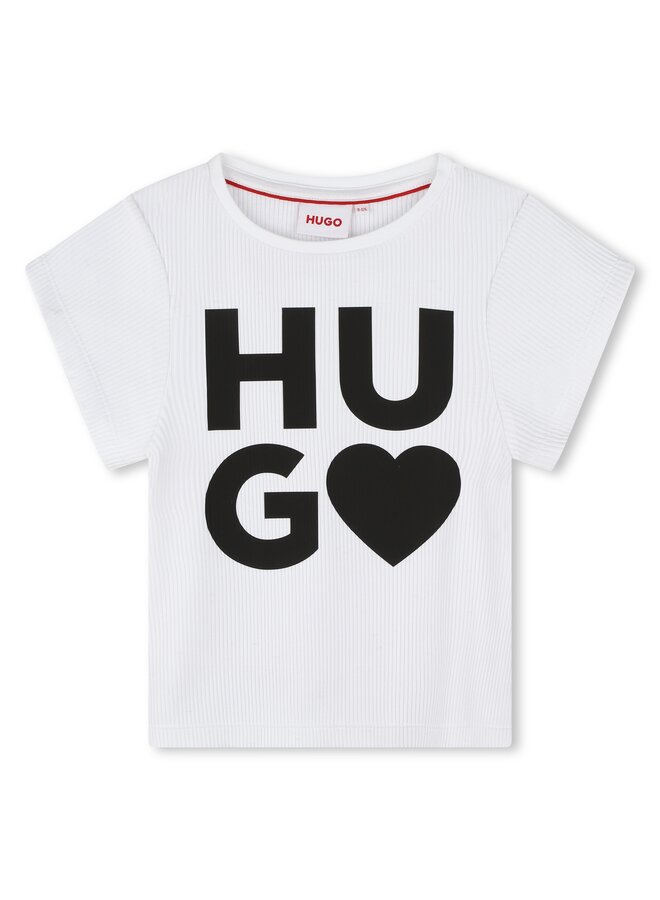 HUGO geripptes Kinder T-Shirt weiß mit Logo und Herz