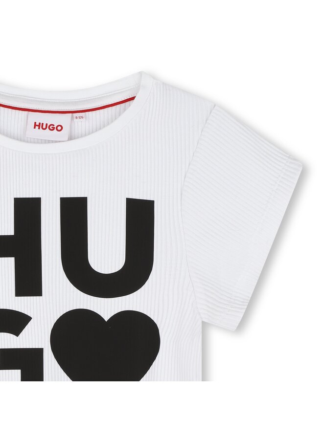 HUGO geripptes Kinder T-Shirt weiß mit Logo und Herz
