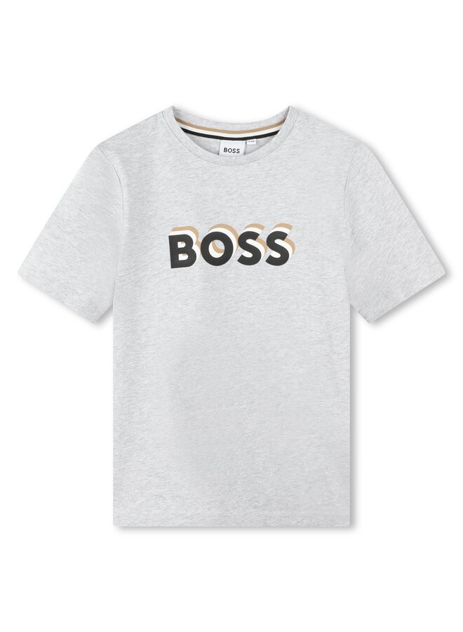 BOSS Kids Kurzarm T-Shirt grau-meliert mit mehrfarbigem Logo-Print