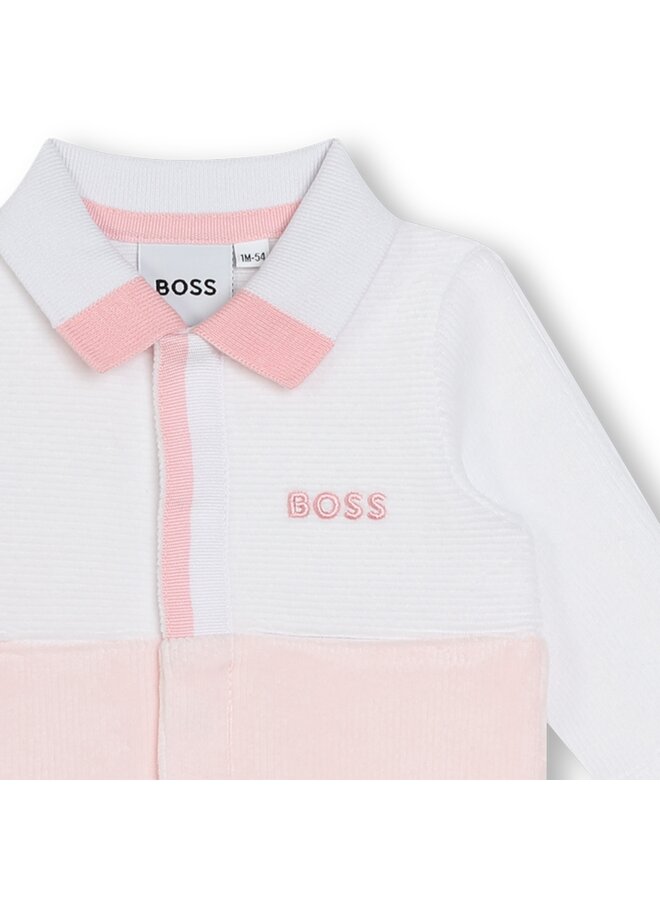 BOSS Baby Samt-Pyjama zweifarbig weiß-rosa mit Polo-Kragen