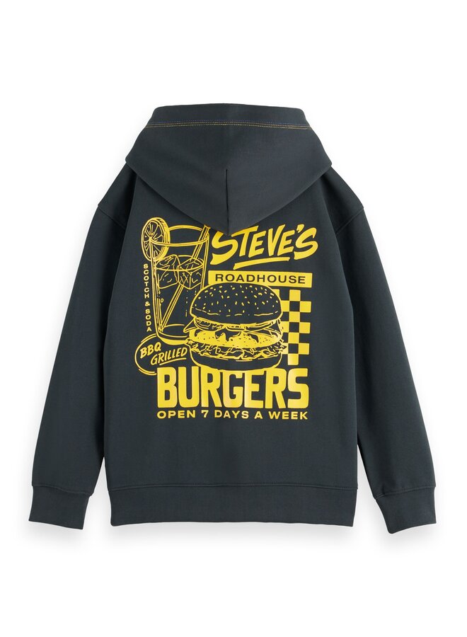 SCOTCH & SODA Zip Hoodie Anthrazit Rückenprint Burgermotiv "Steve´s Burger"