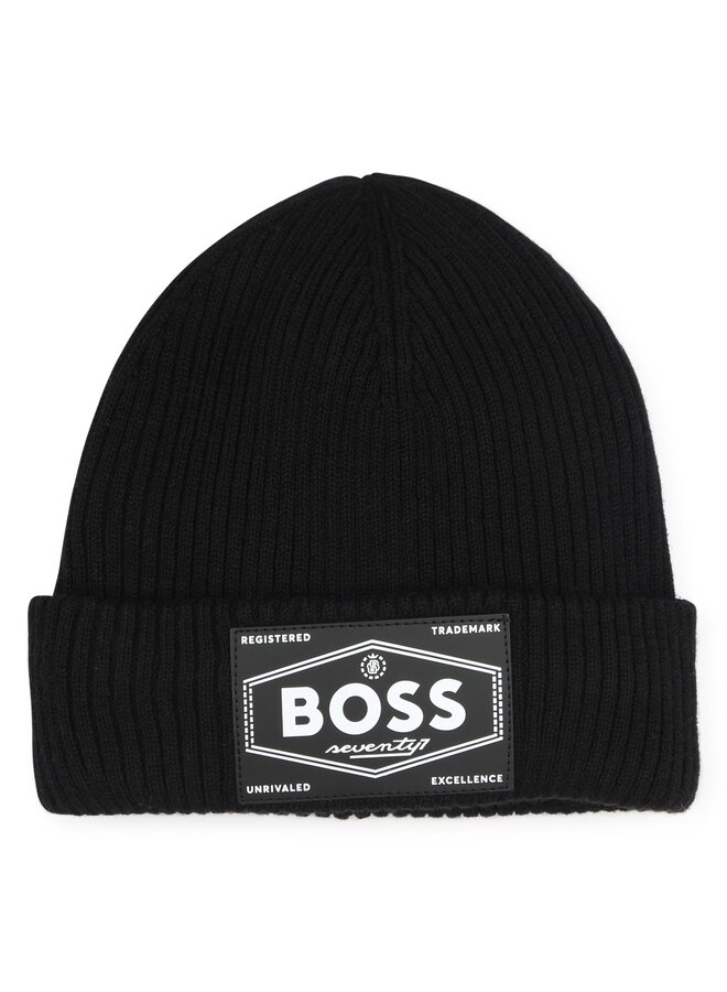 BOSS KIDS gefütterte Strickmütze schwarz mit BOSS Logo