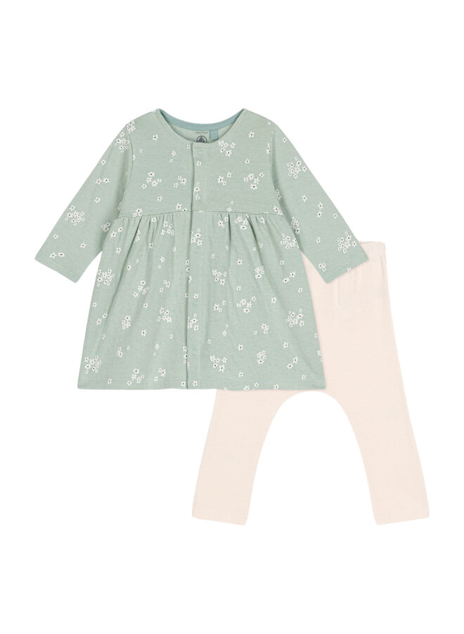 Petit Bateau langärmeliges Baby Kleid in sanftem grün mit Blumenprint und Leggings in rosa/creme