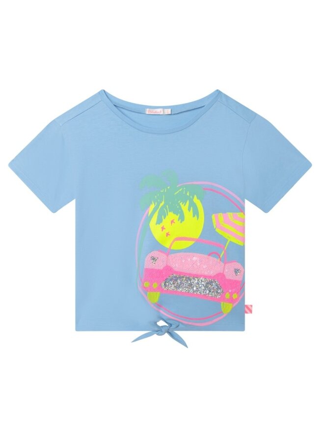 Billieblush Shirt hellblau Strandmotiv Palme Auto Sonnenschirm Pailletten Schleife bunt