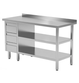 Werktafel met 3 lades links en dubbele onderplank | 800-1900mm breed | 600 of 700mm diep