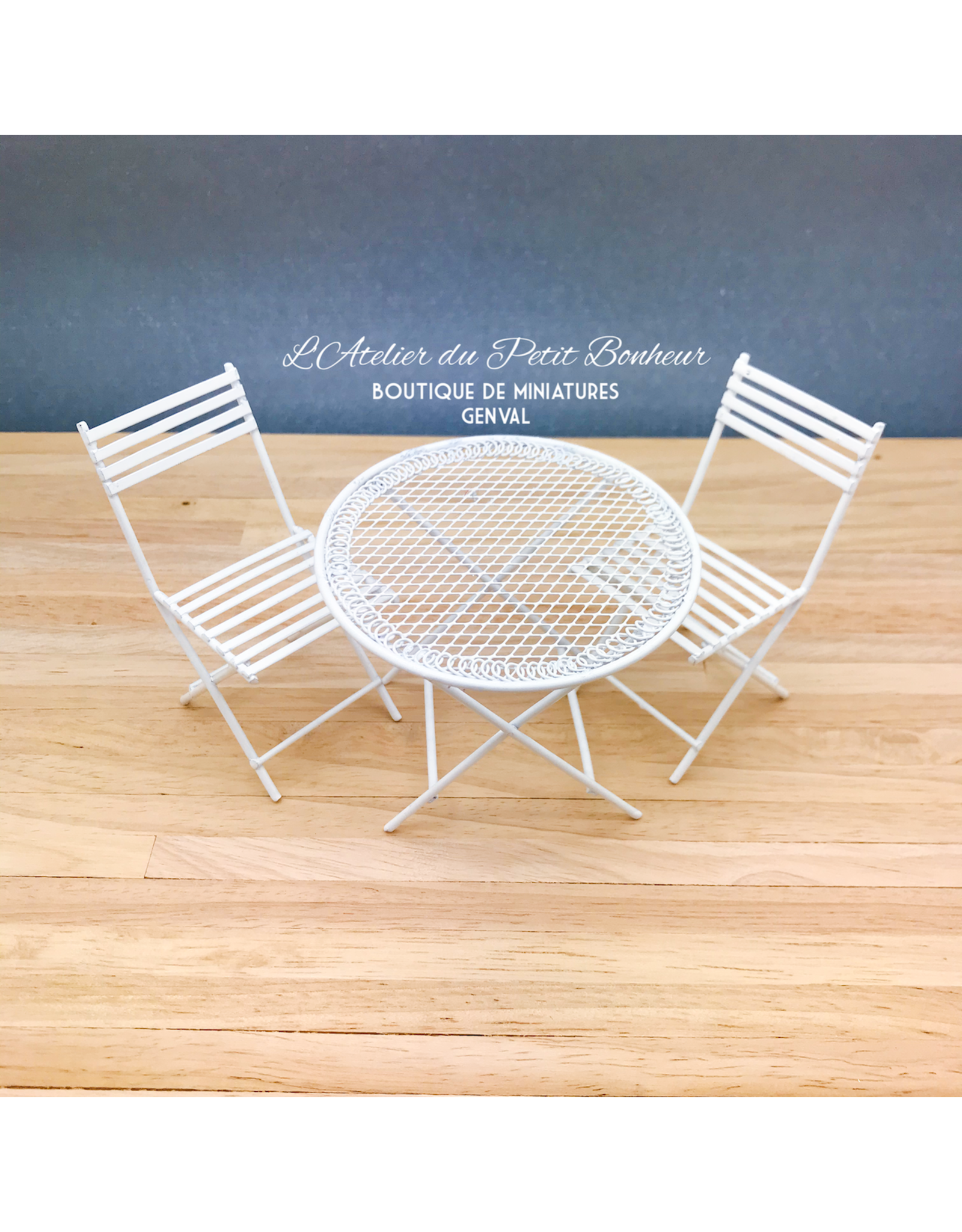Table & chaises (2) de jardin métal blanc