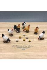 Ensemble poules, coq et poussins miniature 1:12