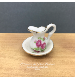 Broc & vasque fleuris roses miniatures 1:12, porcelaine