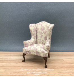 Fauteuil Louis XV noyer tissu fleuri vieux rose miniature 1:12