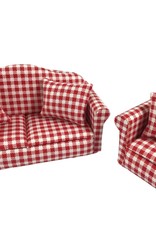 Ensemble canapé et fauteuils rouges à carreaux miniature 1:12