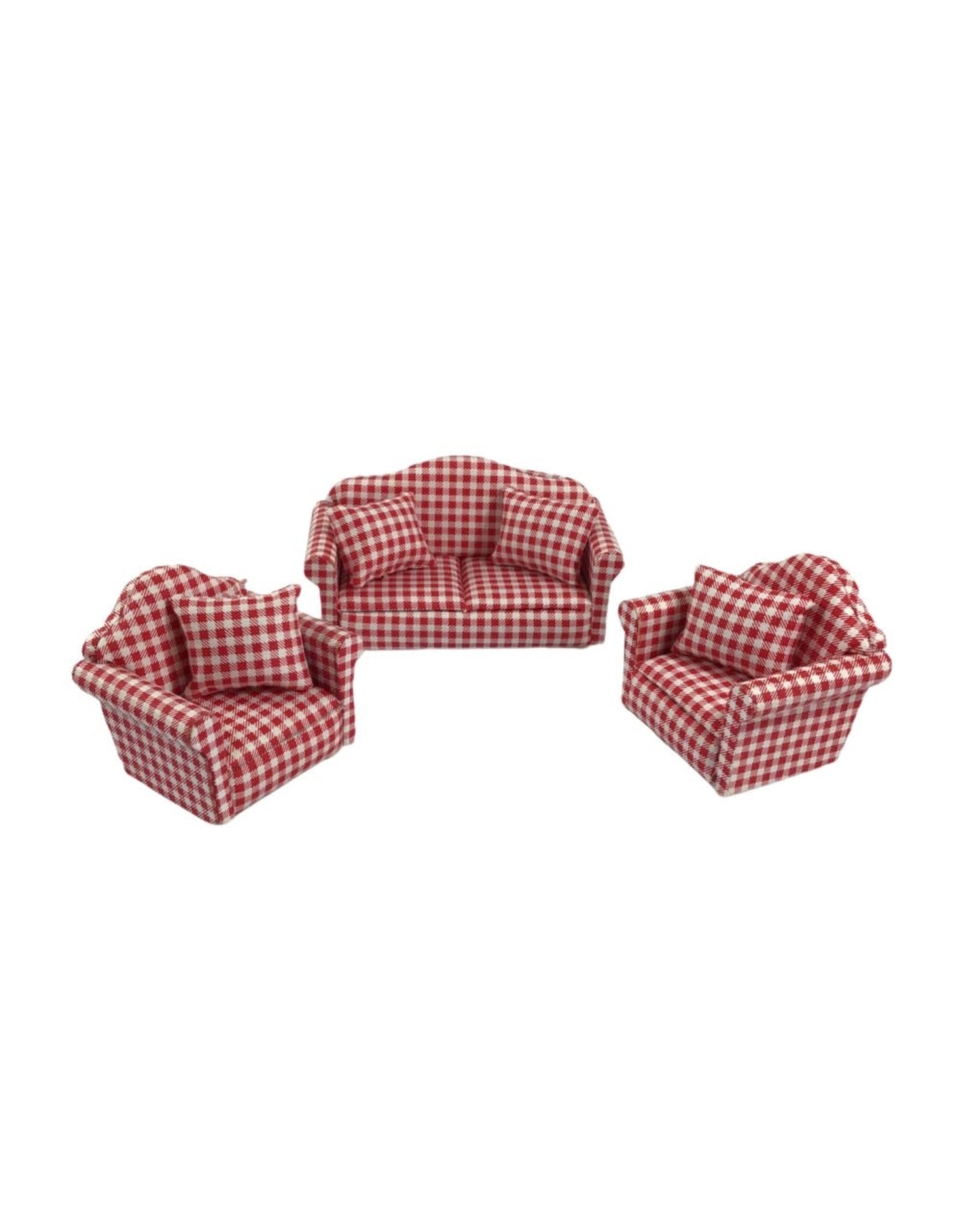 Ensemble canapé et fauteuils rouges à carreaux miniature 1:12