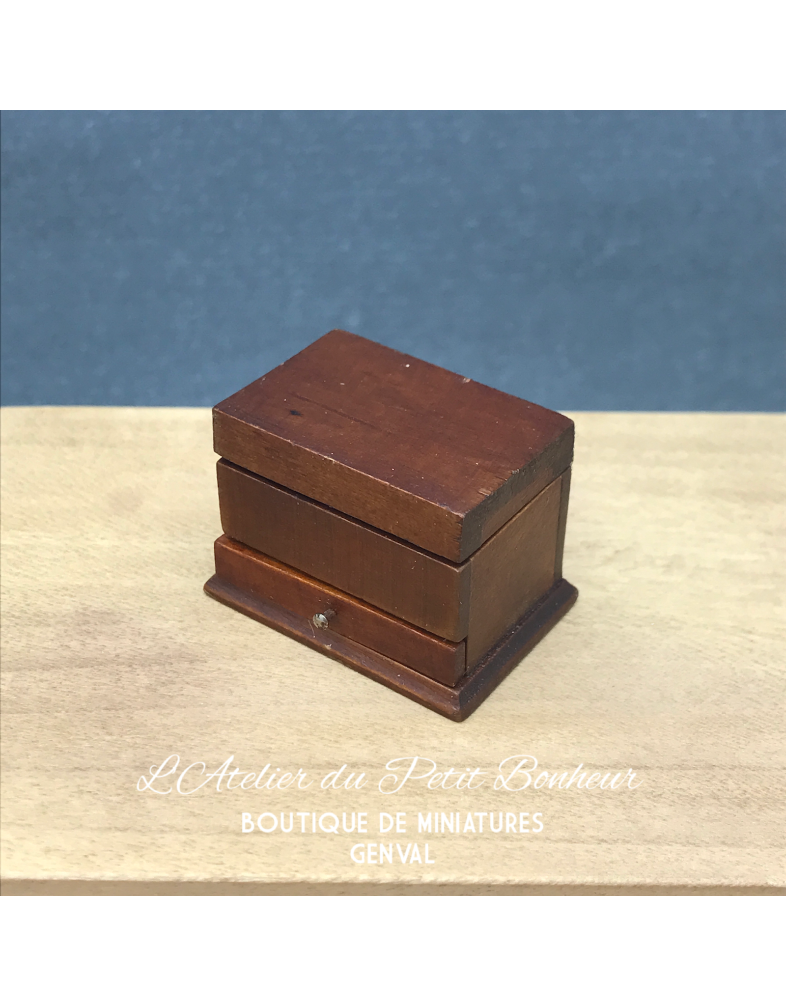 Boîte à bijoux bois garnie, tiroir, miniature 1:12