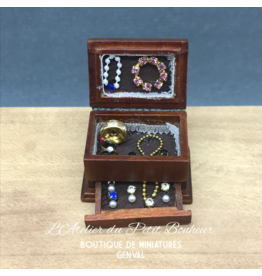 Boîte à bijoux bois garnie, tiroir, miniature 1:12