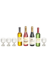 Bouteilles de vin (4), verres (4) & étiquettes miniatures 1:12