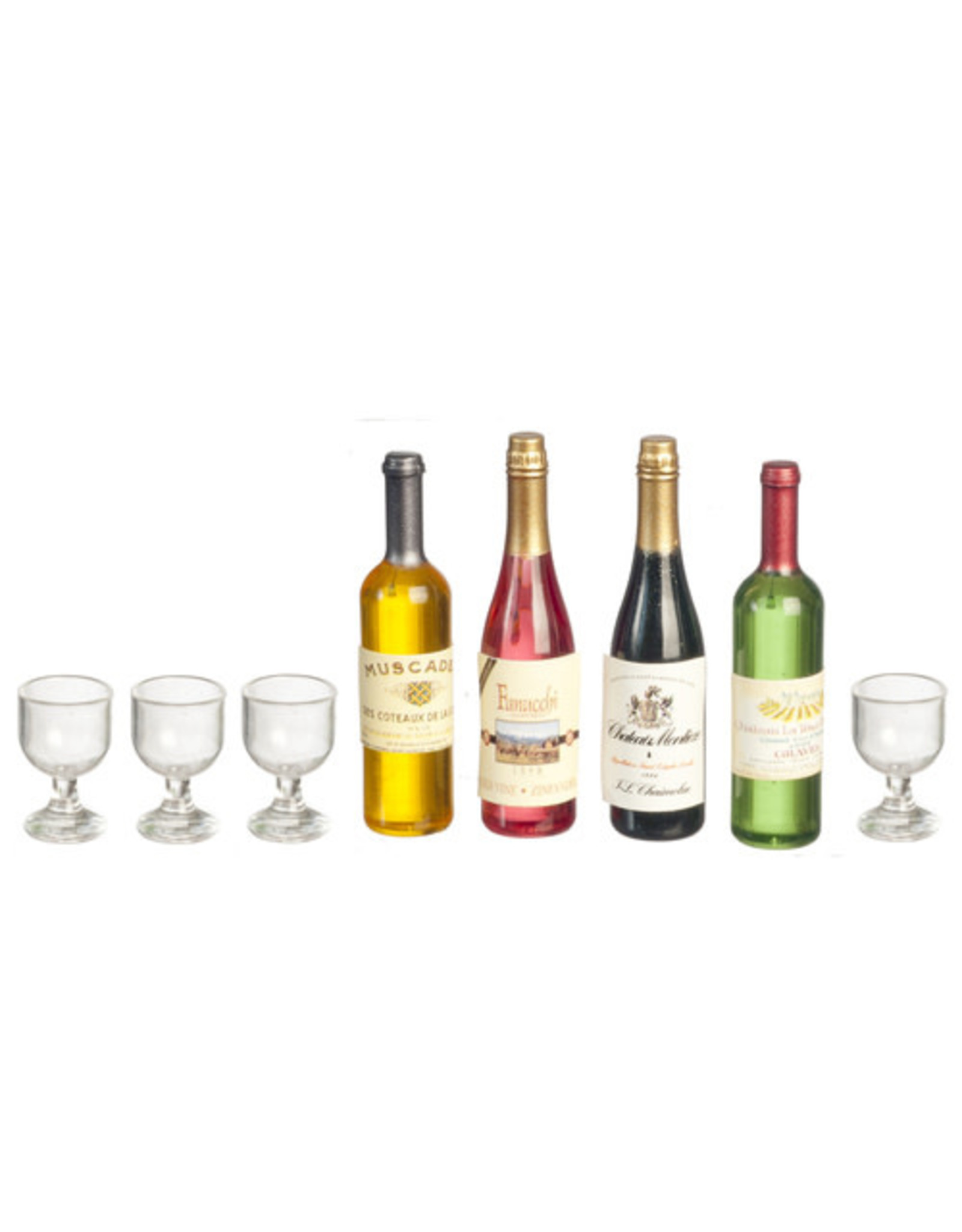 Bouteilles de vin (4), verres (4) & étiquettes miniatures 1:12