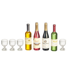 Bouteilles de vin (4), verres (4) & étiquettes miniatures 1:12