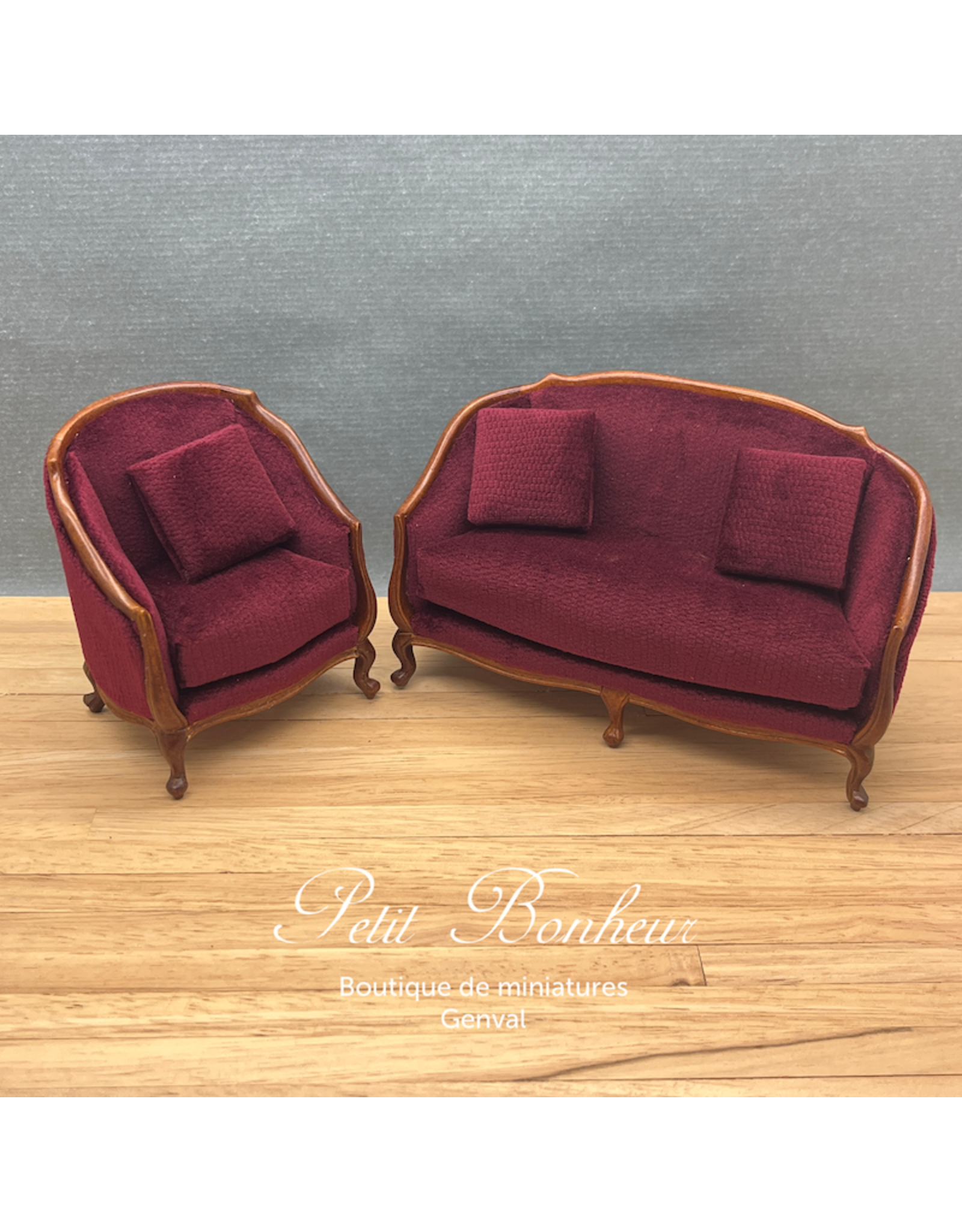 Sofa Louis XV noyer & velours violine miniature 1:12